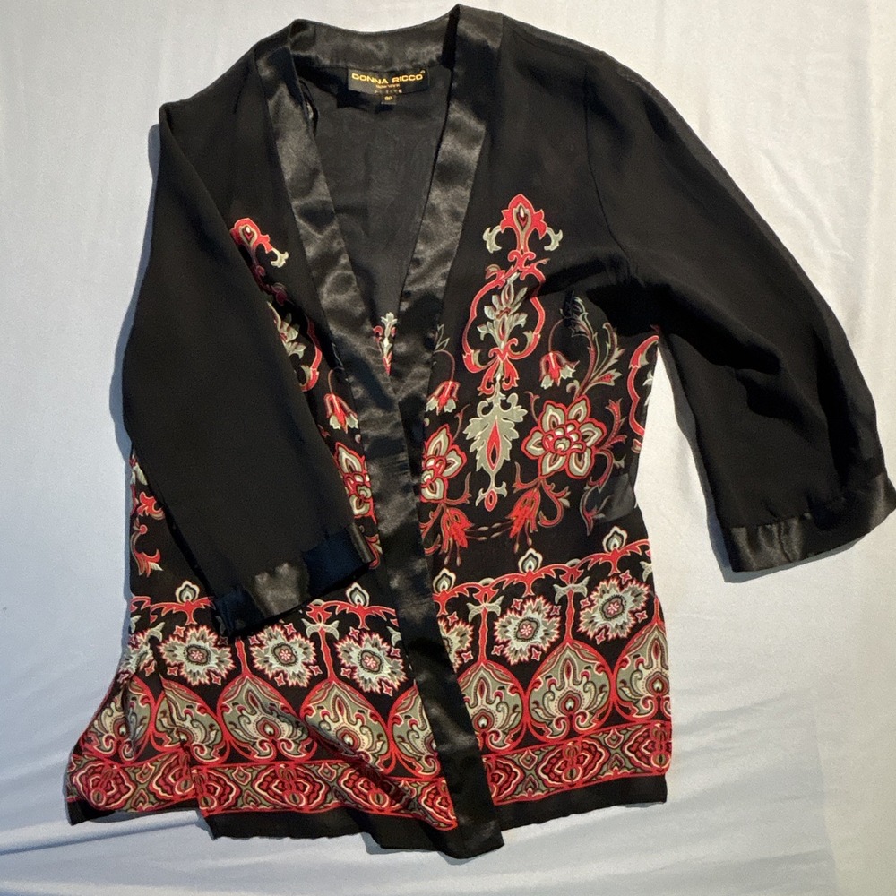 Donna Ricco Black Red Paisley Satin Trim Open Front Cardigan Top Petite 8P